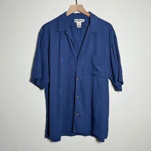 Hawaiian Tropic Mens Jacquard Palm Tree Shirt L Blue Tonal Rayon Aloha‎ Vacation